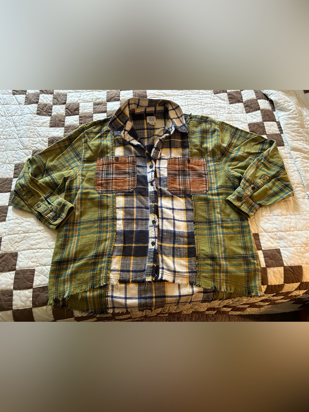 BDG Urban Outfitters Spliced Patchwork Flannel Shirt Raw Hem Oversized Sz M